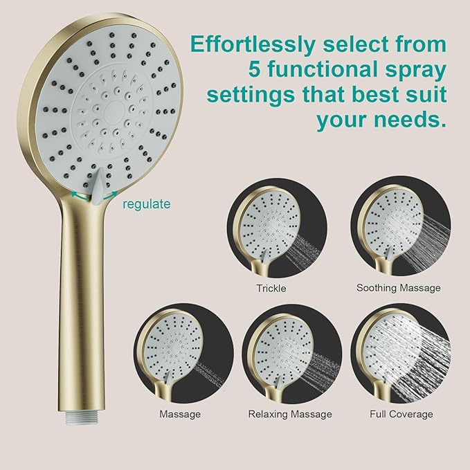Shower Slide Bar Handheld Shower Head with Hose, 5-Function Hand Shower with Wall Mount，shower slide bar,adjustable height shower head (A-round, Brushed Gold)