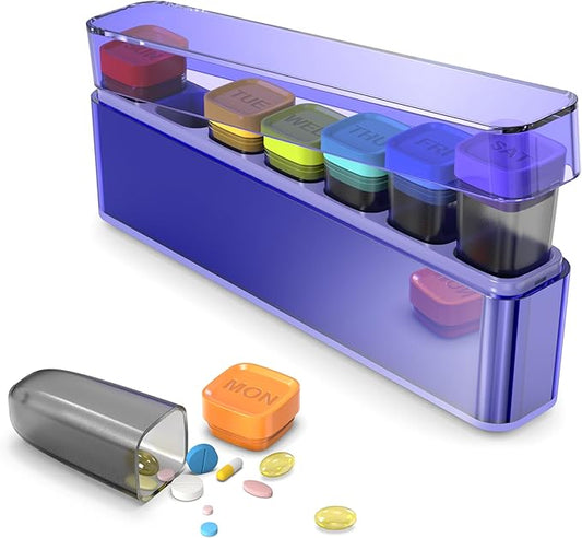 Weekly Pill Organizer 1 Time a Day, HIONXMGA Portable Detachable Travel Pill Box 7 Day, Large Once Daily Pill Holder Case, Color-Coded Dispenser for Vitamin Medicine Supplement Fish Oil, Purple