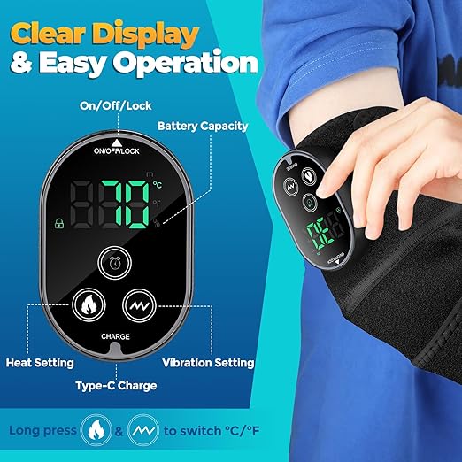 Cordless Heated Knee Massager with Vibration, FSA Eligible HSA, Heated Knee Brace Wrap Heating Shoulder Brace Support Wrap for Knee Elbow, Heating Pad with 6 Heating Levels, 3 Massage Modes&Timer