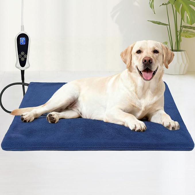 Bestio Dog Heating Pad,28×18 in Heated Dog Bed with Constant Heat & Auto Modes，MET&UL Certified Pet Heating Pad with Soothing Warmth,Chew-Resistant Cord,Waterproof Washable Cover- Blue
