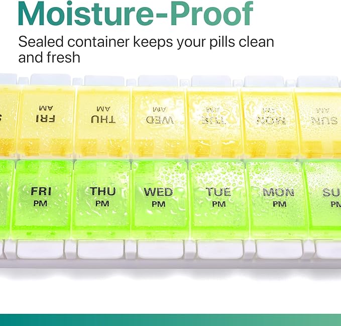 Sukuos AM PM Weekly Pill Organizer 7 Day, 2 Times A Day Medicine Pill Box with Easy Push Button, BPA Free Vitamin Cases for Fish Oil/Supplements, Easy to Clean (Yellow&Green)