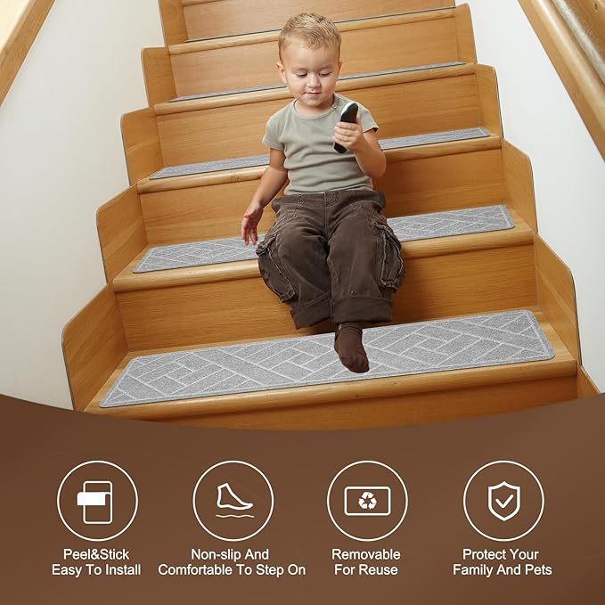 15 Pack 8" X 30" Non-Slip Carpet Stair Treads for Indoor Wooden Steps, Made of Polyester with Reusable Adhesive, Suitable for Kids Elders and Pets (Light Grey Lines)