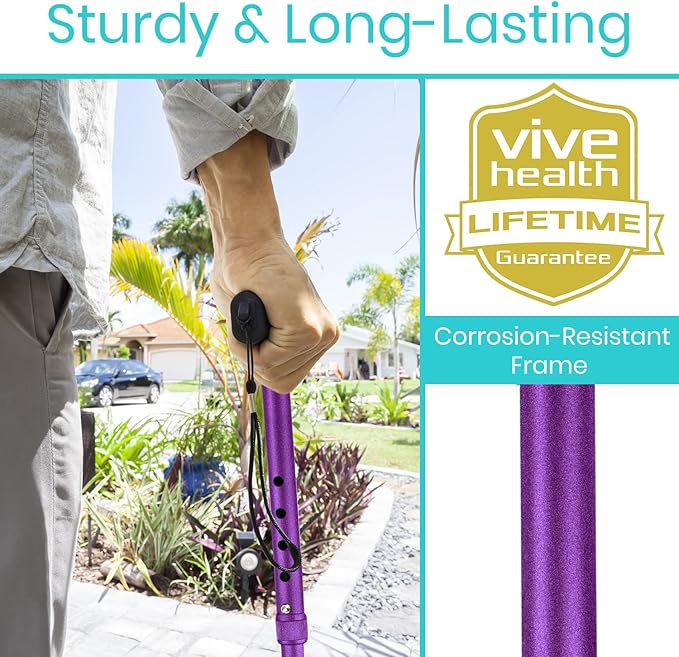 Vive Folding Cane - Foldable Walking Cane for Men, Women - Fold-up, Collapsible, Lightweight, Adjustable, Portable Hand Walking Stick - Balancing Mobility Aid - Sleek, Comfortable T Handles (Purple)