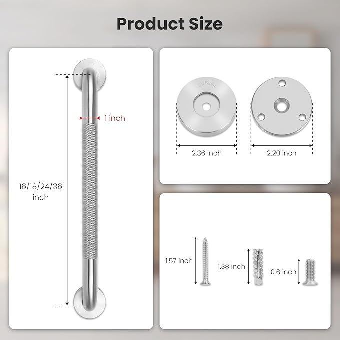 16 Inch Brushed Silver Stainless Steel Grab Bar with Knurled Grip, Sturdy & Stable Handicap Grab Bars,Space-Saving Wall Mounted Shower Grab Bars,Safety Hand Rail Support to 500 lbs,ADA Compliant
