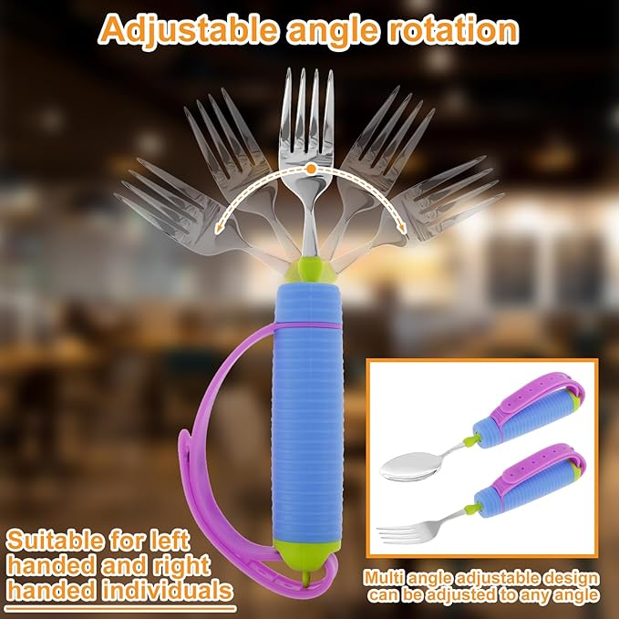 Adaptive Utensils for Elderly, Built Up Bendable Fork, Easy Grip Silverware for Hand Tremors, Weak Hand Grip & Handicapped, Arthritic Hands - Non-Slip Handles, Adaptive Spoon and Fork for Disability