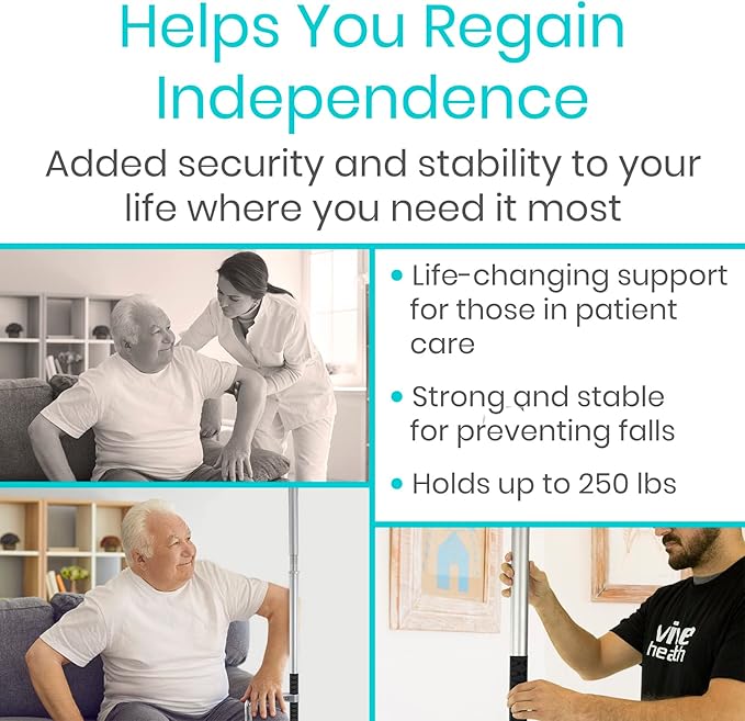 Vive Floor to Ceiling Grab Bar - Stand Assist Aid for Elderly - Shower Safety Bar for Seniors - Stand Assist Transfer Pole - Shower Support Pole - Toilet Rail for Disabled & Handicap Security