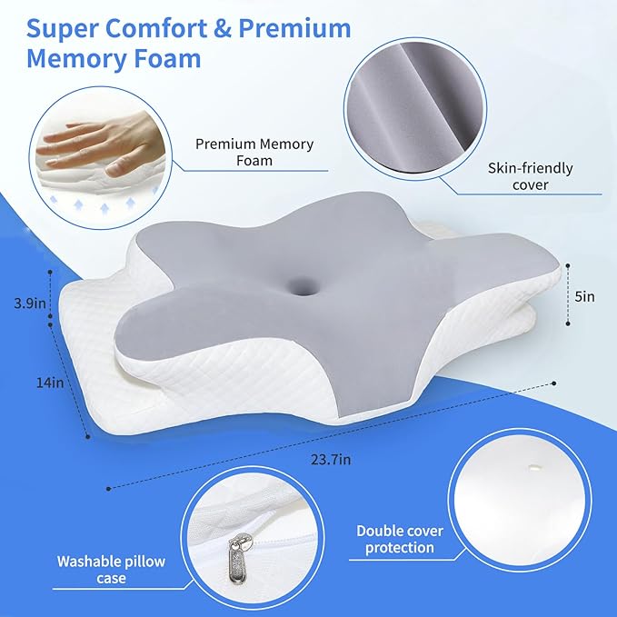 Cervical Pillow for Neck Pain Relief, Hollow Design Memory Foam Bed Pillow for Side & Back Sleepers, Ergonomic Contour Orthopedic Bed Pillow with Adjustable Support (White with Grey)