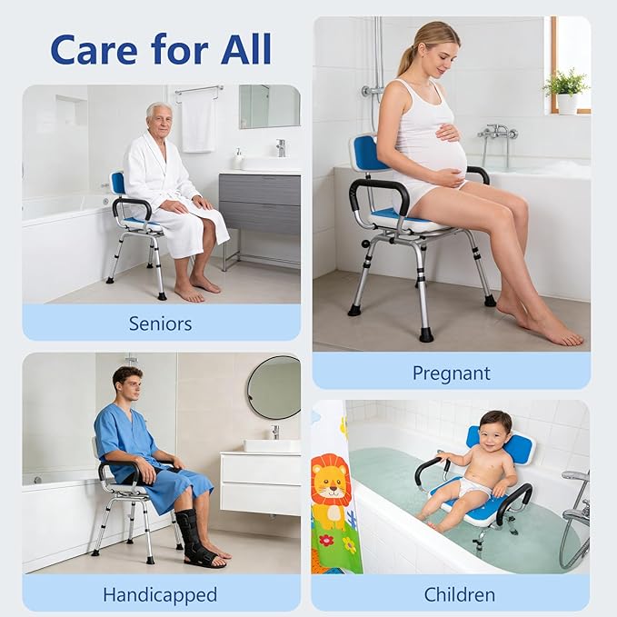 Swivel Shower Chair 500 lbs Heavy Duty Shower Chair for Elderly and Disabled - Height Adjustable Inside Shower Chair with Arms & Back - 360° Rotating Shower Bench Seat for Bathtubs