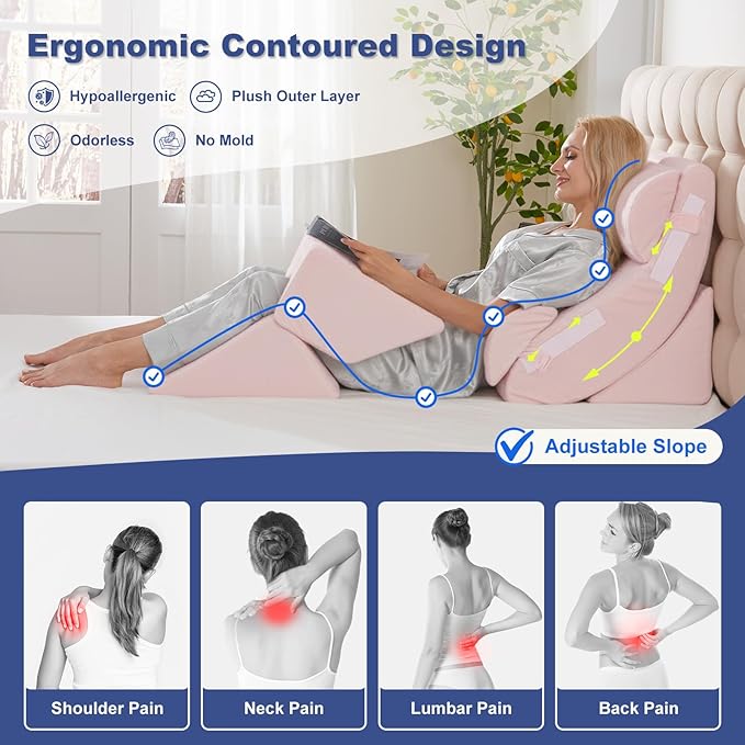 WSOFRLAC 6PCS Multi-Functional Bed Wedge Pillow Kit - 7-in-1 Orthopedic Support for Back/Neck/Legs, Post Surgery Recovery & Sitting Up in Bed, Post Surgery Foam for Body, Pink