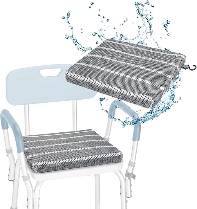 Shower Seat Cushion for Inside Shower, Shower Chair Cushion Bath Seat Mat for Seniors, Padded Shower Transfer Bench Pillow Bath Chair Pad for Elderly, Bathtub Seat Cushion, 4D Mesh Pad with Hook