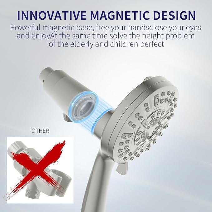 Handheld Shower Head with Filter, High Pressure 10-Spray-Mode Detachable Shower Head with 60-Inch Hose, Powerful Hand Held Shower Head for Low Water Pressure(Nickel)