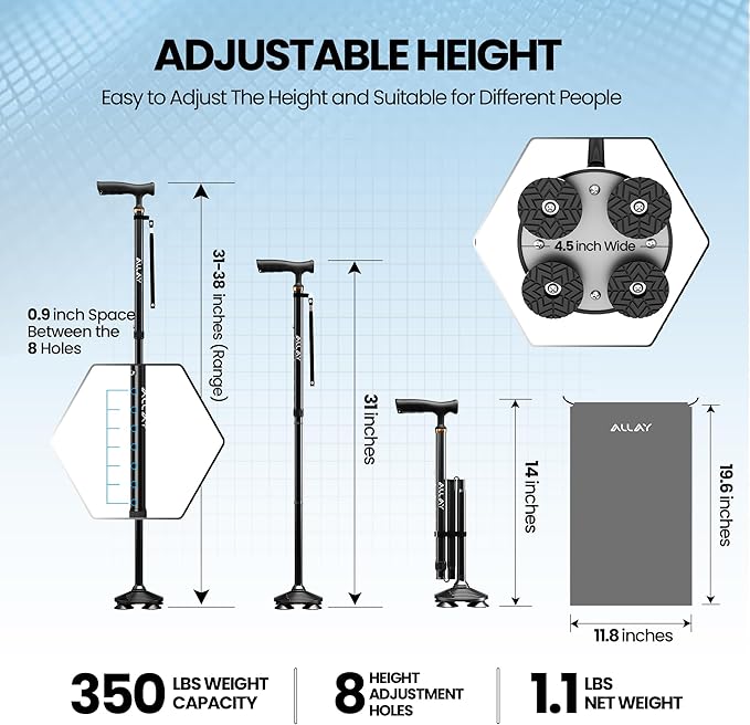 Allay Walking Canes for Men & Women - Adjustable Canes for Women for Stability, Self Standing Wide Quad Pivot Base, Light Weight, Soft Handle Grip and Travel Bag, Walking Sticks for Seniors & Adults