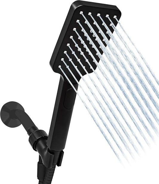 Metpure Handheld Shower Head with Easy Clicker for Multiple Sprays. Low Profile Lightweight Rectangular Shower Head. Stainless Steel Hose & Adjustable Mount Holder. Matte Black Finish