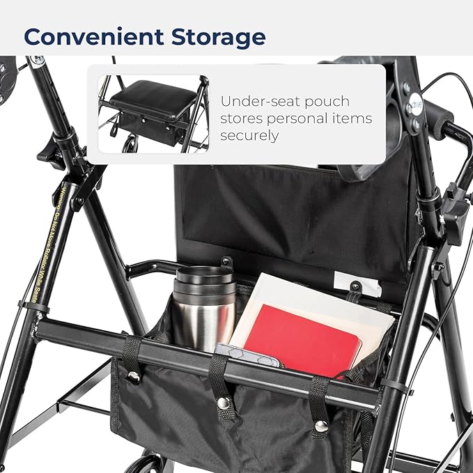 Drive Medical Aluminum Rollator Walker - Fold Up & Removable Back Support - Padded Seat - 6 Inch Wheels - Lightweight Portable Design - Indoor Outdoor Mobility Aid - Black