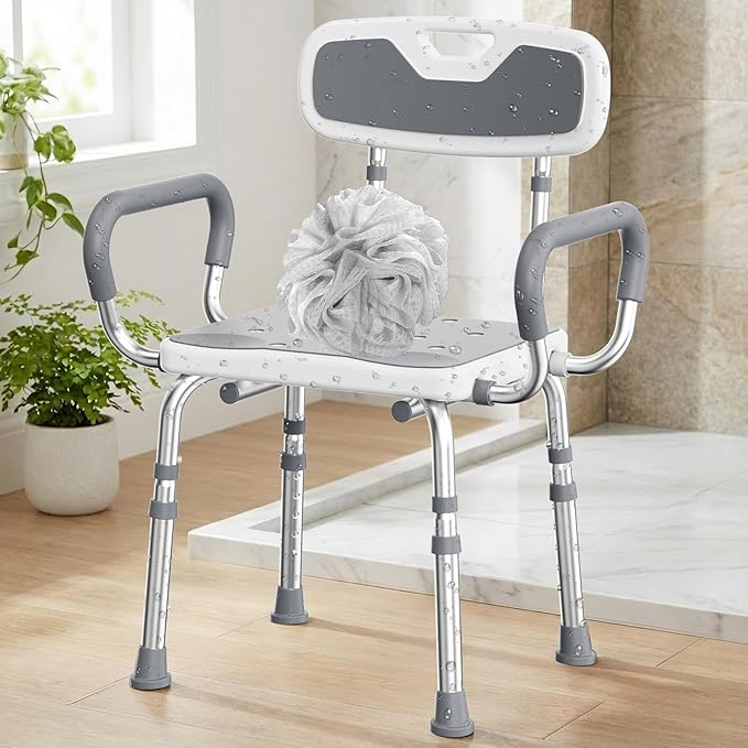 UNILEAF Shower Chair for Shower Stall with Arms and Back, Height Adjustable 16"-20", 450 lb Capacity, Non-Slip Feet, Tool-Free Push-Button Assembly