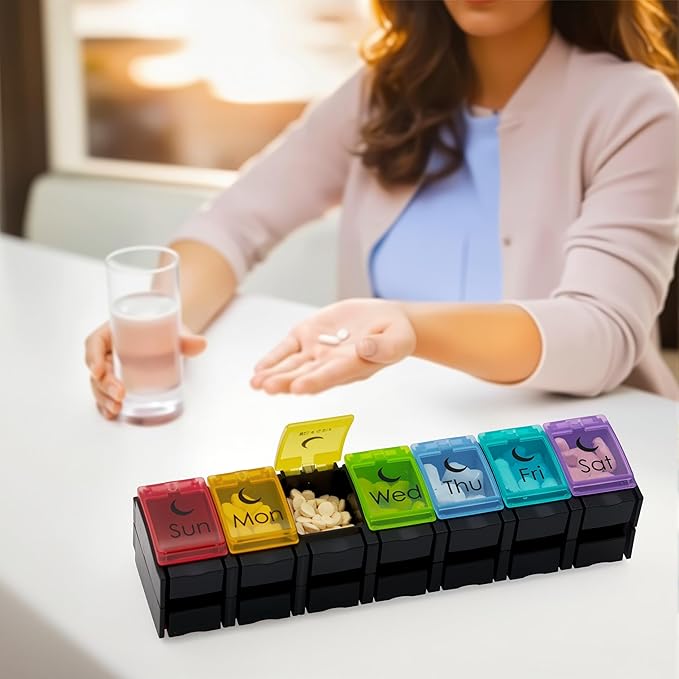 XL Large AM/PM Weekly Pill Organizer Arthritis Friendly, 2 Times a Day Pill Box with Spring Open Design, 7 Day Vitamin Case with Push Button Compartments (Black)