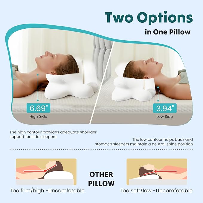 DUMOS Cervical Neck Pillow for Sleeping, Cooling Ergonomic Memory Foam Pillow with Arm Rest Slot and Ice Silk Pillowcase, Dual Height Orthopedic Support Contour for Side, Back, Stomach Sleepers