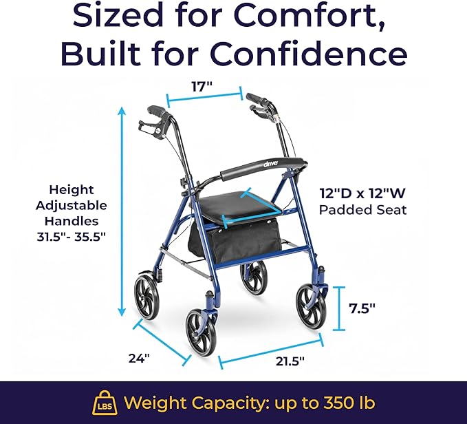 Drive Medical Rollator Walker with Seat - Stable Mobility Support - Height Adjustable - Durable Steel Frame Construction - Smooth 7.5" Wheels - Foldable - 350 Lb Limit - Blue