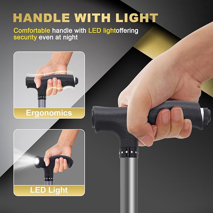 BigAlex Alloy Folding Cane with Seat, Lightweight Adjustable Walking Cane with Seat, Cane Seat with LED for Seniors, Cane Chair for Woman/Man,Anti-Slip Walking Stick for Seniors