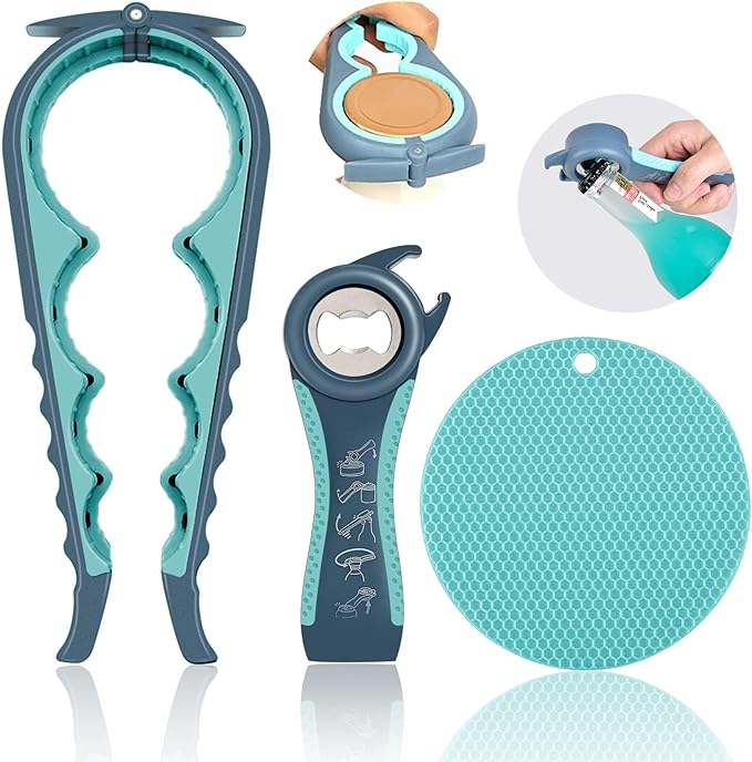 Jar Opener for Weak Hands, Seniors with Arthritis, 3 in 1 Multi Function Bottle Opener Lid Opener For Arthritic Hands with Non Slip Rubber Jar opener Gripper Pad (Blue)
