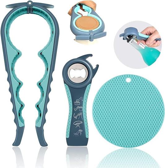 Jar Opener for Weak Hands, Seniors with Arthritis, 3 in 1 Multi Function Bottle Opener Lid Opener For Arthritic Hands with Non Slip Rubber Jar opener Gripper Pad (Blue)