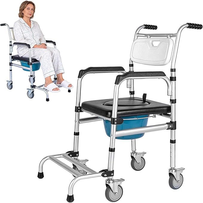 Shower Chair with Wheels Aluminum Alloy 4 in 1 Foldable Height Adjustable Shower Wheelchair, Sturdy Rolling Shower Chair with Large Commode for Seniors (White)