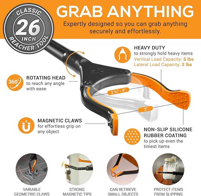 EZPIK Classic 26” Folding Grabber Reacher Tool with Dual Magnets, Heavy Duty Trash Picker Upper Grabber for Seniors & Disabled Users, Aluminum Pickup Tool for Everyday Reaching Aids (Black)