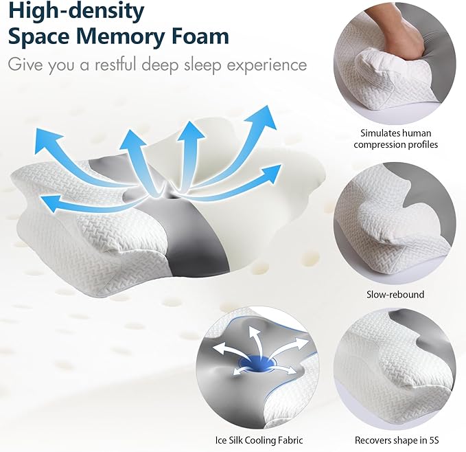 Cervical Neck Pillow for Sleeping, Adjustable Ergonomic Pillow, Contour Neck Support Side Sleeper Pillows for Adults, Memory Foam Pillow for Neck and Shoulder Pain Relief, Back,Stomach Sleeper