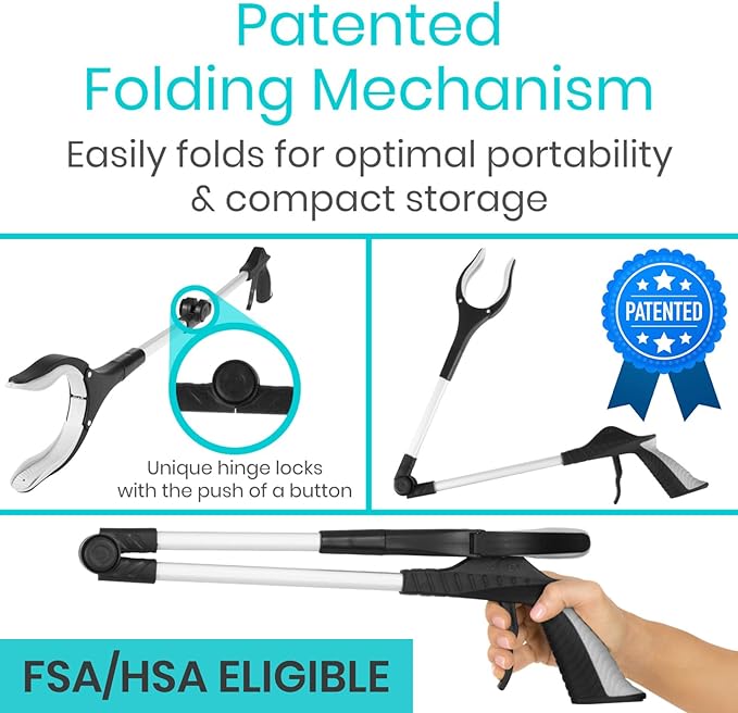 Vive 32" Grabber Reacher Tool (2 Pack) - Foldable Pickup Stick with Rotating Jaw & Sensitive Trigger - Heavy Duty Mobility Grip Hand Aid - Extra Reach Extender Claw for Seniors, Elderly, Handicap