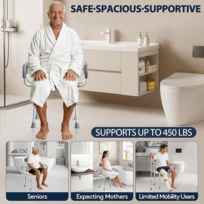 UNILEAF Shower Chair for Inside Shower with Arms and Back, Adjustable Height Shower Chair for Elderly and Disabled Adults, 450 lb Capacity, Non-Slip Shower Seat, FSA/HSA Eligible