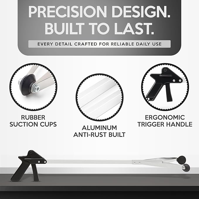 Suction Cup Grabber Reacher 32"" - Elderly Grab It Reaching Pickup Tool Heavy Duty for Seniors - Trash, Sticks, Litter Picker Upper - Extra Long Reach Handle & Handy Extension Arm Claw (2), Grey