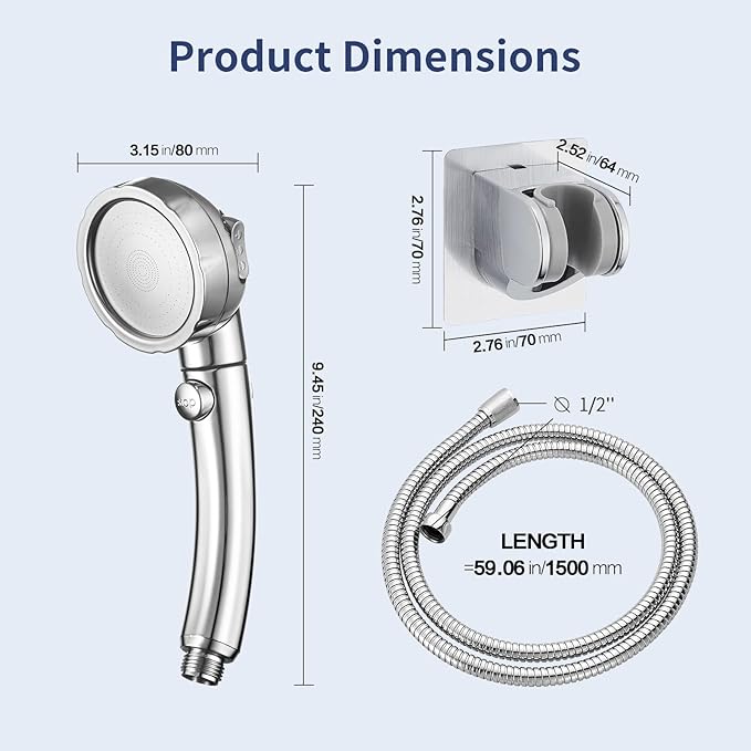 HANLIAN High Pressure Shower Head with Pause Button, 3 Spray Modes Shower Head for RV Camper, Water Saving On Off Shower, Handheld Shower Head with Hose and Adjustable Self-adhesive Holder (Chrome)