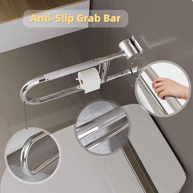 23 Inch Toilet Grab Bar, Flip Up Grab Bar with Paper Holder, Anti-Slip Safety Bars for Toilet, Stainless Steel Knurled Toilet Handles for Seniors Disabled Elderly Pregnant, Polished Chrome