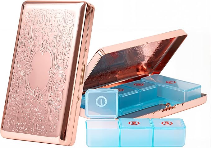 Pill Organizer with 3 Compartments 7 Day Metal Pill Box for Fish Oil/Food Supplements Travel Pill Box. (Rectangle-Pink, Large Rectangle)