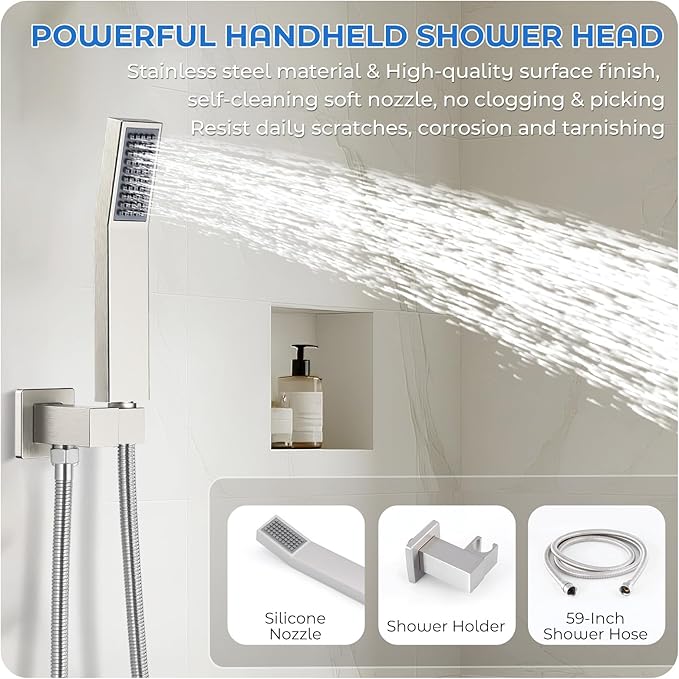 Brushed Nickel Shower Faucet Set, 10 inch Rain Shower System w/Pressure Balance Valve, Wall Mounted 2-Functions Bathroom Shower Systems w/Rain Shower and Handheld Spray Shower Trim Included