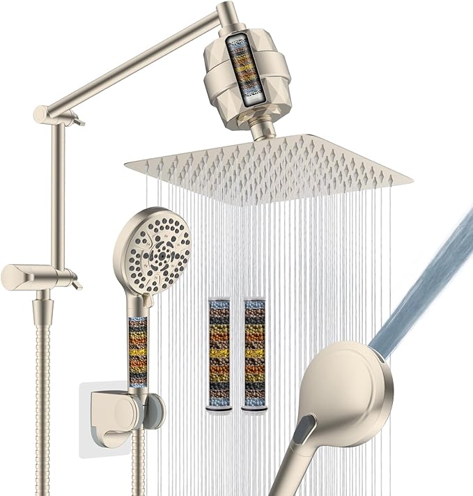 All Metal Rain Filtered Shower Head, 10” High Pressure Rainfall Shower Head with Handheld Spray, 10 Modes Handheld Powerful Wash, 16" Adjustable Extension Arm, 20 Stage Shower Filters, Brushed Nickel
