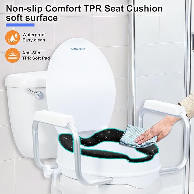Raised Toilet Seat with Handles for Seniors - Adds 5 Inch - Elevated Toilet Seat Riser with Cushion - Supports 300 lbs - for 16'' Standard/Round Toilet - Includes Lid, Black