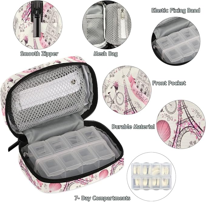Pill Case Pill Travel Organizer 7 Day Weekly Medicine Pill Box Paris France Eiffel Tower Small Cute Compact Size Vitamin Container Pill Bottle Portable Birth Control Pill Holder Bag with Zipper