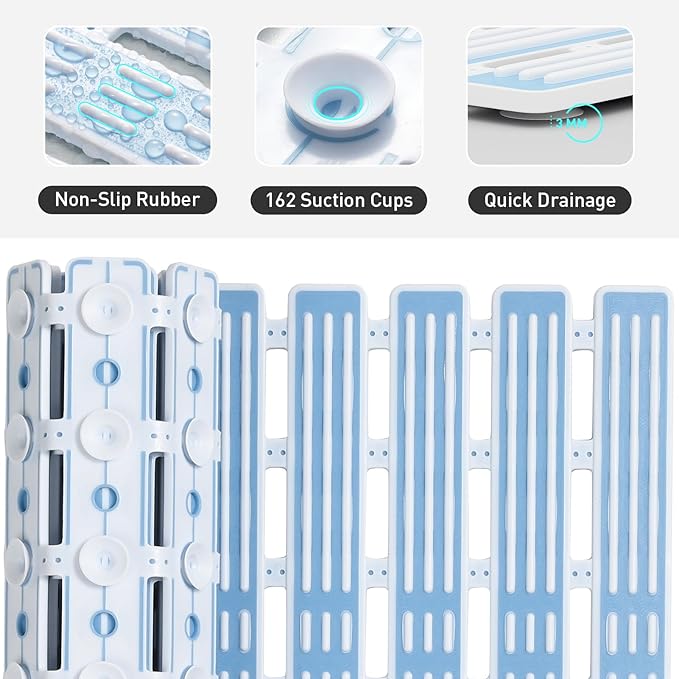 XIYUNTE Shower Mat Non Slip Bath Mat for Tub - 27 X 16 Inch TPE Bathtub Mat Non Slip Shower Mats for Inside Shower, Bath Tub Mat with Powerful Suction Cup, Easy to Cut and Dry, Blue