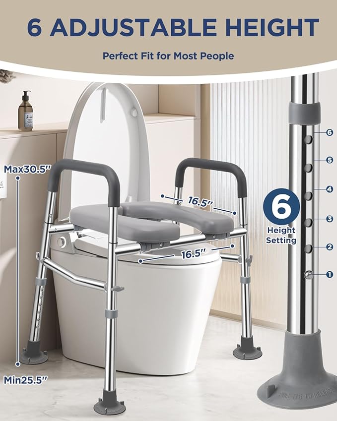 Toilet Seat Riser with Handles 500lb, Stainless Steel Raised Toilet Seat, Adjustable Height & Width, Handicap Raised Toilet Chair for Seniors, Fit Any Toilet