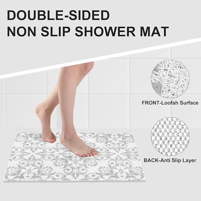 Extra Large Shower Mat: 24 X 36 Inch Stylish Shower Mats for Inside Shower - Soft PVC Loofah Trimmable Non Slip Shower Mat for Elderly, Quick Drying