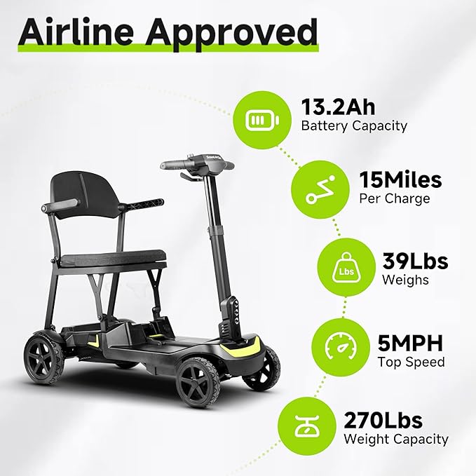 SCOOTNGO Mobility Scooters for Seniors, 4 Wheel Foldable Lightweight Airline Approved Mobility Scooter for Adults, Dual Batteries, Portable, No Assembly Needed (Black Yellow, with Folding Trailer)