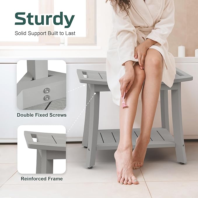 Waterproof Shower Benches for Inside Shower, Poly Lumber Shower Stool with Storage Shelf & Adjustable Feet, SPA Bathroom Seat Chair for Shaving Legs, Indoor or Outdoor Use, Grey