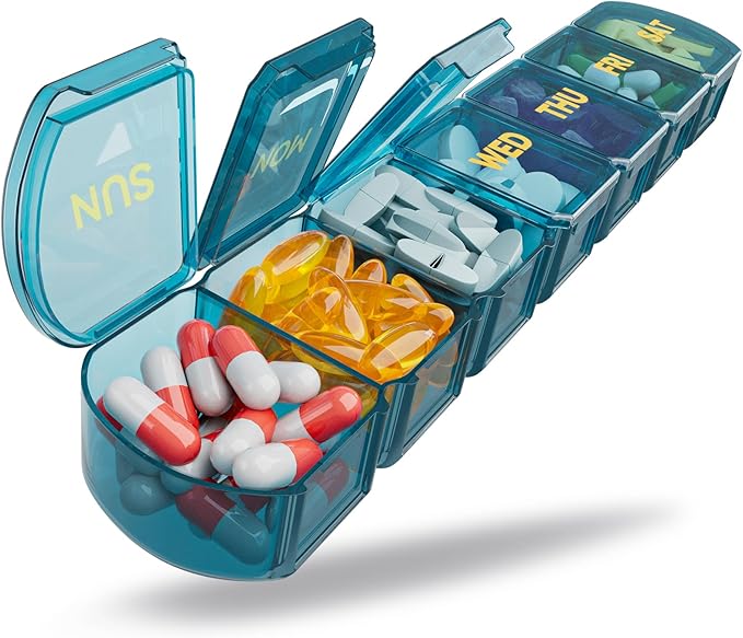 Large Pill Organizer Weekly - SHIJOINYU 7 Day Pill Box with Easy-Open Design, Daily Medicine Pill Organizer for Vitamins, Supplements, Fish Oils and Medications - Blue