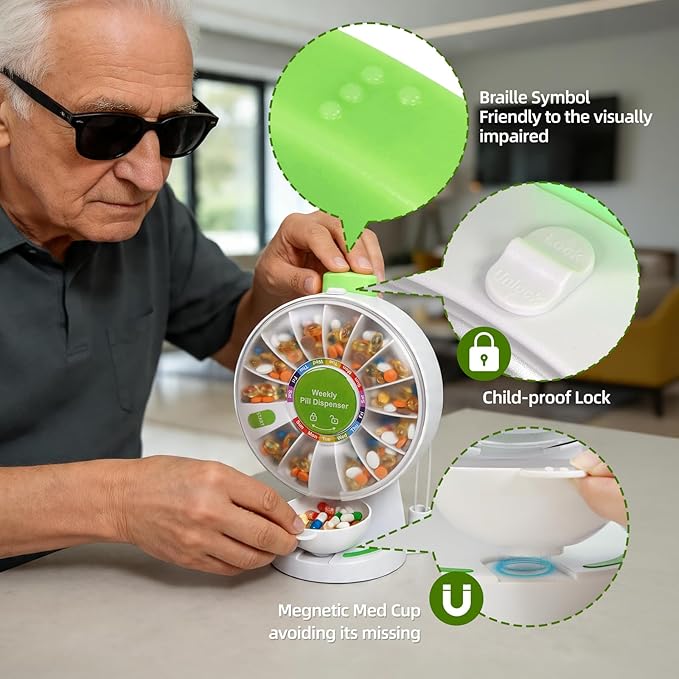 Stand-Up Pill Dispenser - Daily Medication Organizer for Seniors, No-Flip/Easy-Press Design, Wall-Mountable or Free-Standing, 14 Large Compartment Pill Box for Vitamin, Medicine, Supplement
