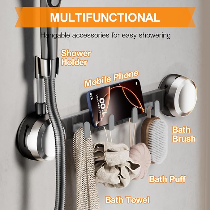 Shower Head Holder Suction Cup with 4 Hanger Hook Wall Mount - 2 in 1 Design - No-Drill Strong Adhesive Shower Wand Bracket - Adjustable Handheld Shower Head Mount - Removable and Rust-Resistant
