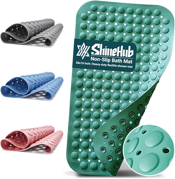 7mm Extra Thick TPE Bath Mat, Non-Slip Shower Mat for Bathroom and Tub, 28x16 Inch with Drainage Holes and Stability Grip, Machine Washable, Smoke Pine Green