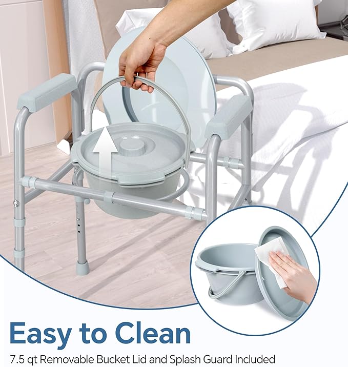 HOMLAND 3-in-1 Bedside Commode Chair with Sturdy Dual-Crossbar Support Construction, Stable Portable Commode Toilet with 7.5Qt Potty Bucket, 350 Lbs Bedside Commodes for Seniors, Silver