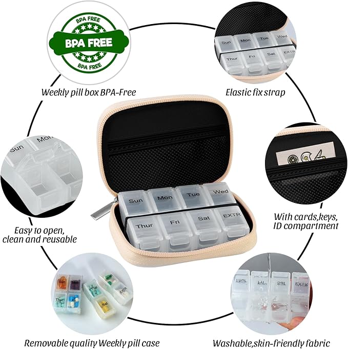 Pill Case Weekly Travel Pill Organizer for Purse with Removable 7 Day Pill Box Premium Neoprene Pill Container for Travel Purse Accessory, Vitamin, Supplement, Small Pieces Arrangement-Leopard