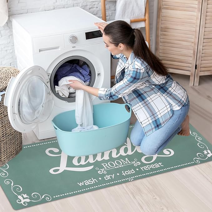 XLHOMO Laundry Room Rug Runner, 17"x60" Non Slip Teal Nappa Leather Laundry Rugs, Farmhouse Washable Floor Laundry Mats for Laundry Room, Kitchen, Washroom, Bathroom, Mudroom, Hallway Entryway Decor